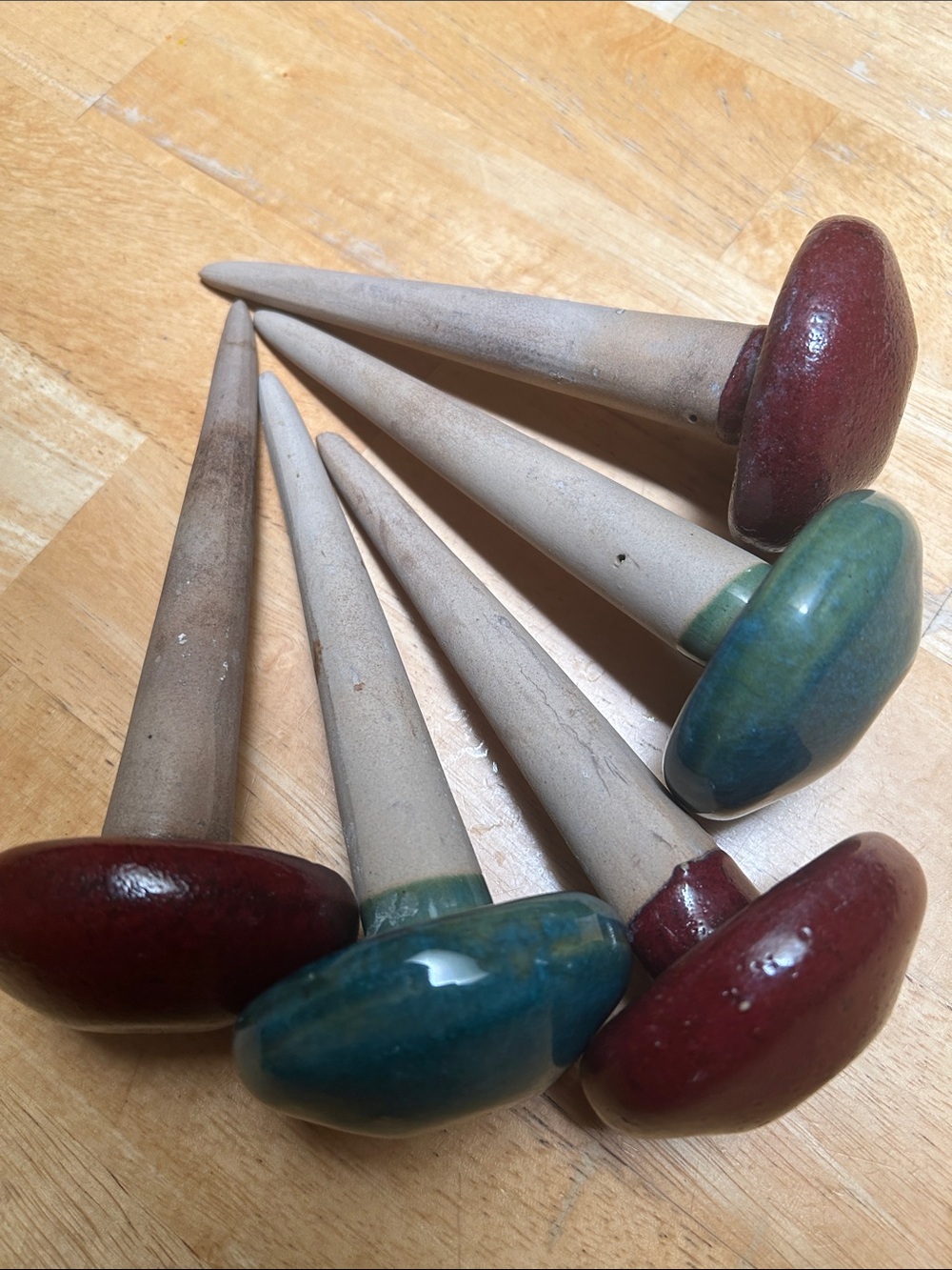 Ceramic Garden Stakes with Red and Teal Tops (Set of 5)